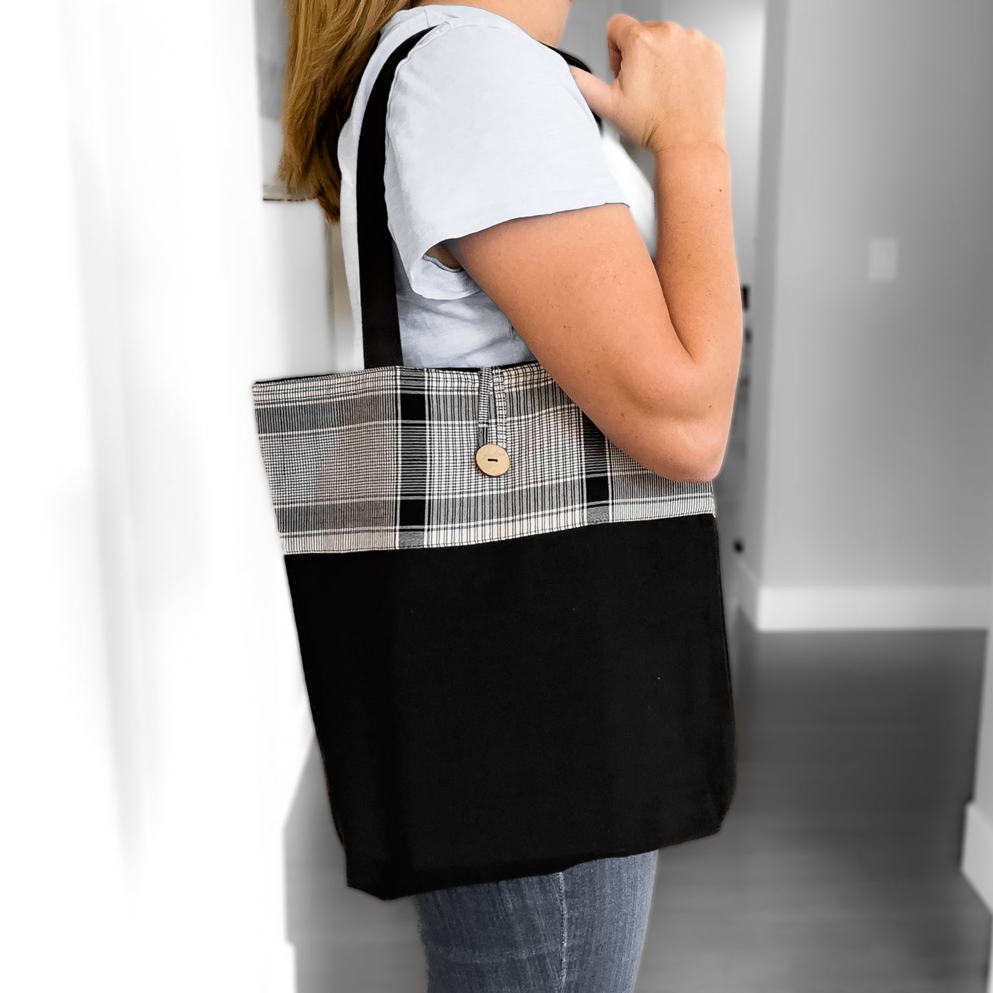 Tote Bag -  Black and White Plaid