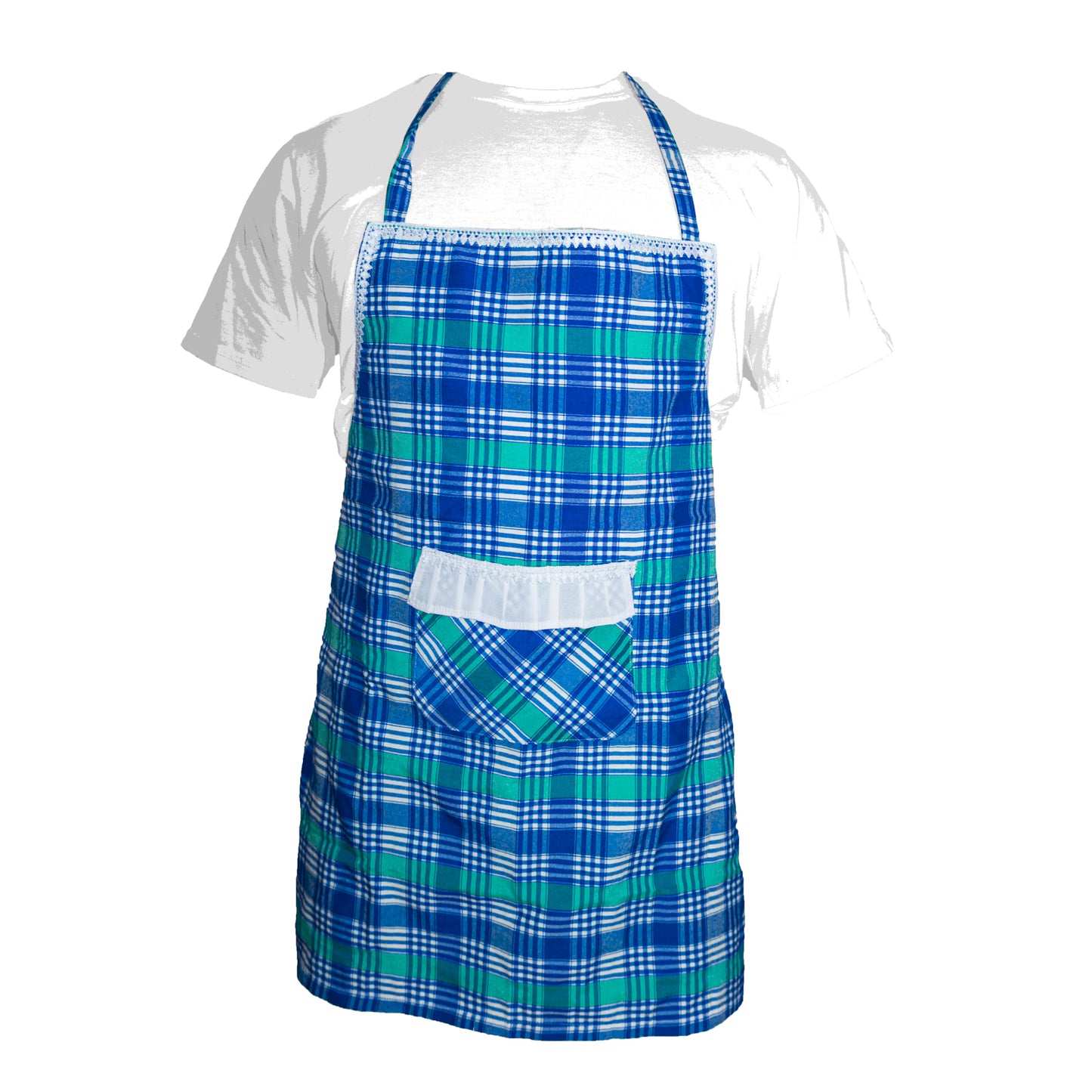 Blue Plaid Apron with Lace Trim